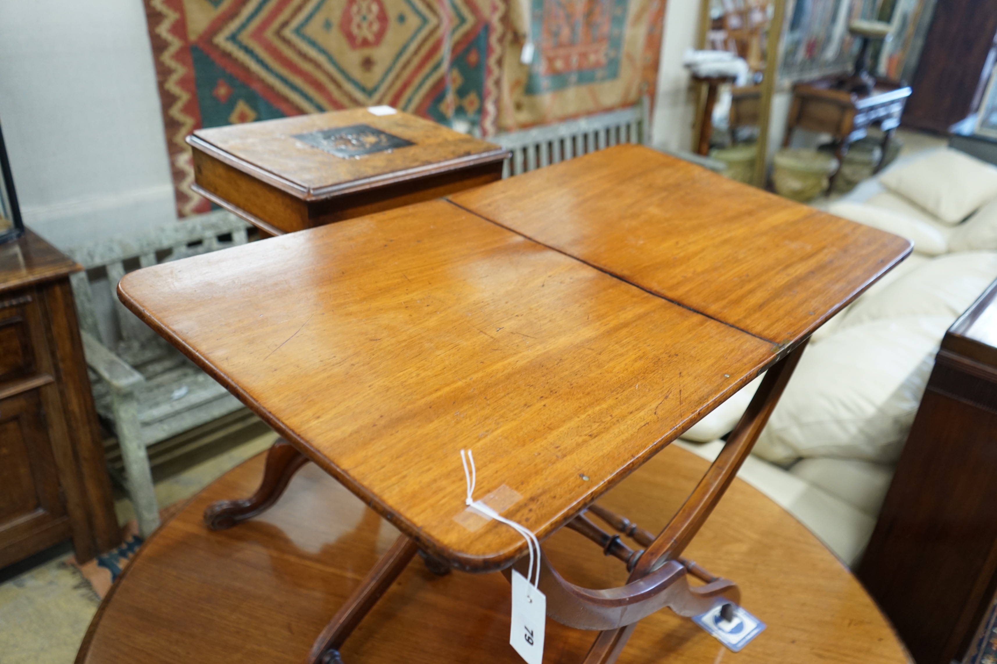 A Victorian rectangular mahogany folding coaching table, length 92cm, depth 50cm, height 70cm